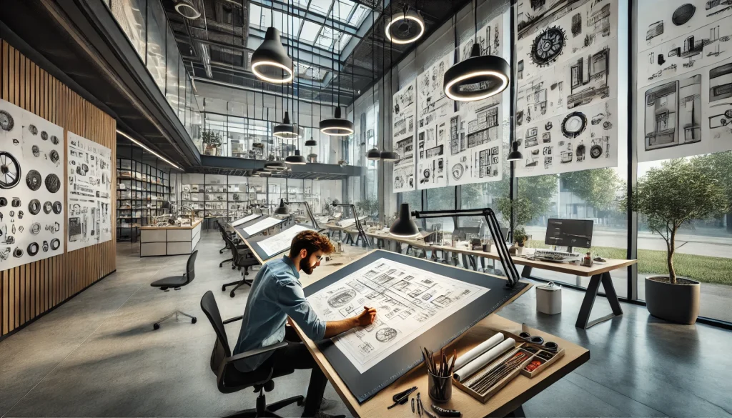 Alt Text: Industrial designer working on a prototype in a modern design studio.