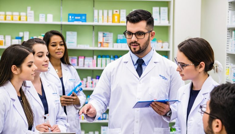 Alt Text: A pharmacist educator giving a lecture on safe medication use to university students in a classroom setting.