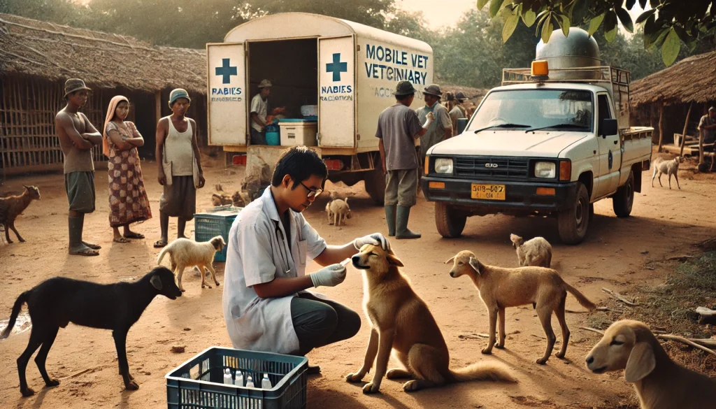 Alt Text: Veterinary team administering rabies vaccines in a remote village to protect local dogs and prevent rabies.