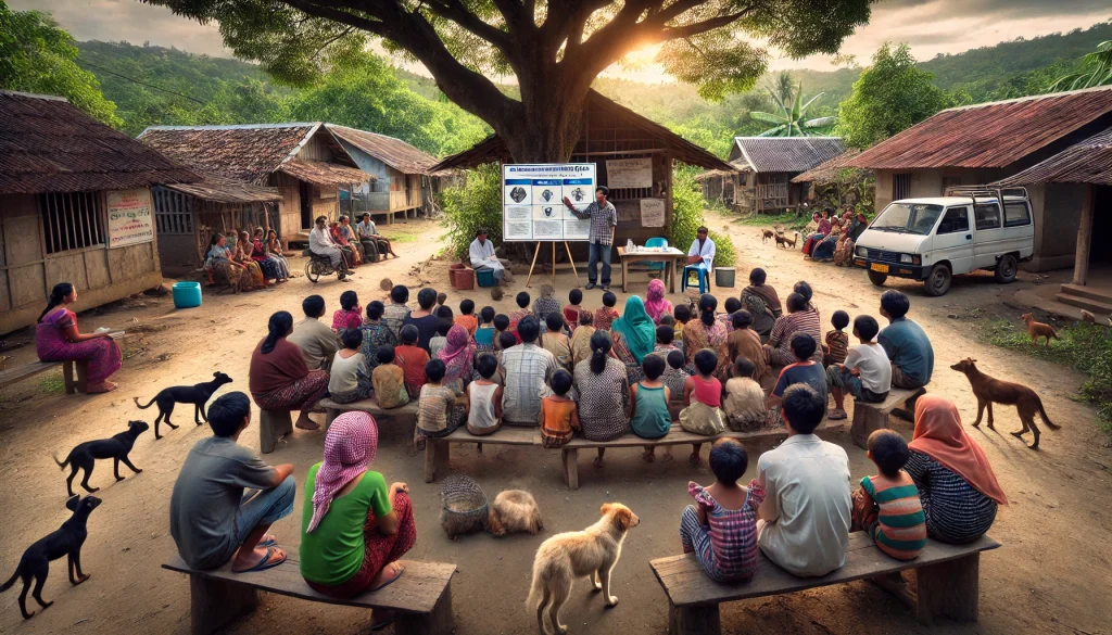 Alt Text: Villagers listening to an awareness campaign on rabies prevention and the importance of dog vaccination.