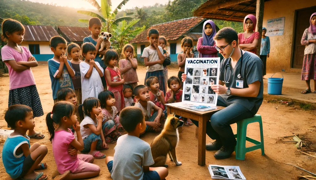 Alt Text: Veterinarian explaining to children the importance of taking care of pets and getting them vaccinated against rabies.