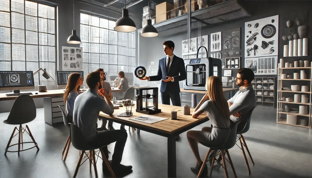 Alt Text: A designer showcasing a new product prototype in a modern workspace.