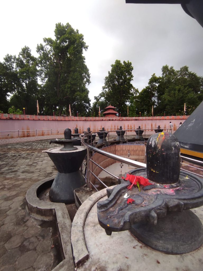 Alt Text: The sacred bull statue in front of the Shiva Linga, with nearby shrines and temples in view.