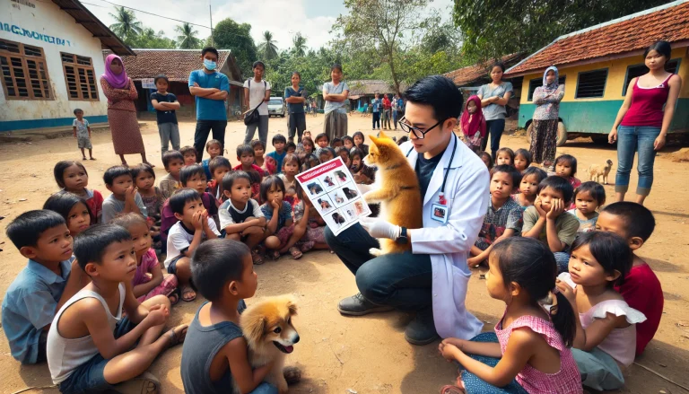 Alt Text: Veterinarian explaining to children the importance of taking care of pets and getting them vaccinated against rabies.