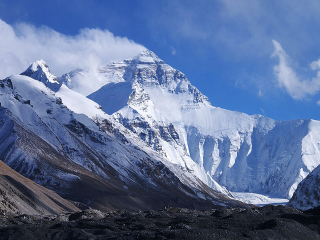Mount Everest as seen from basecamp with snow-covered peaks